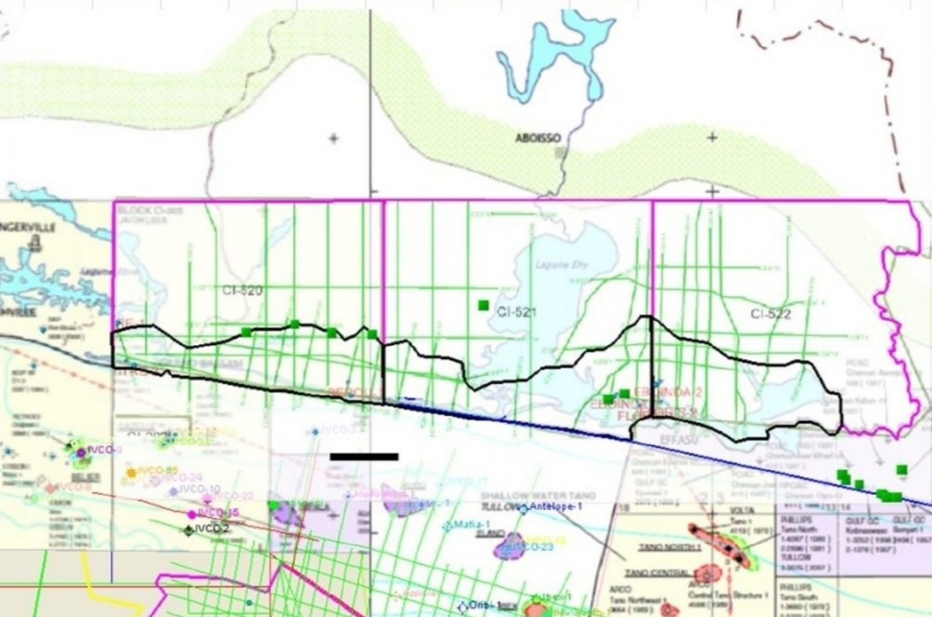 Map of Blocks CI-520, CI-521 and CI-522 showing 2D seismic lines and prospect outlines